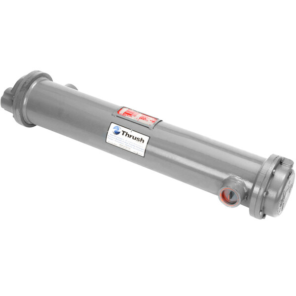 A grey metal cylindrical Stero heat exchange with a red and white label.