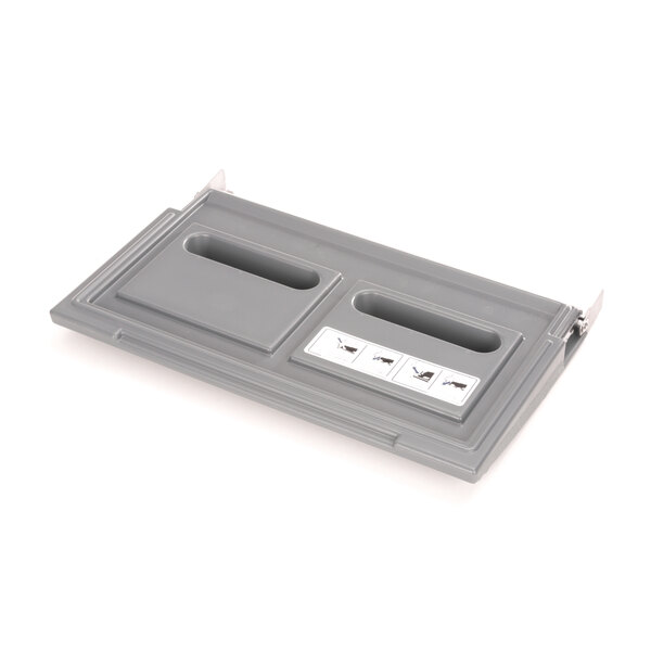 A grey plastic Follett bin door with hardware.