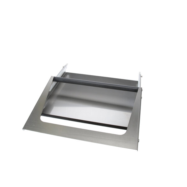 A stainless steel metal tray with a black handle on a metal frame.