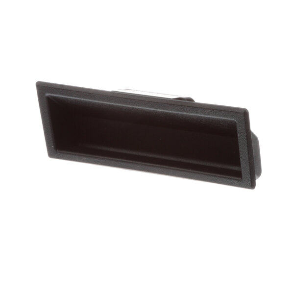 A black rectangular plastic door handle with a metal clip.