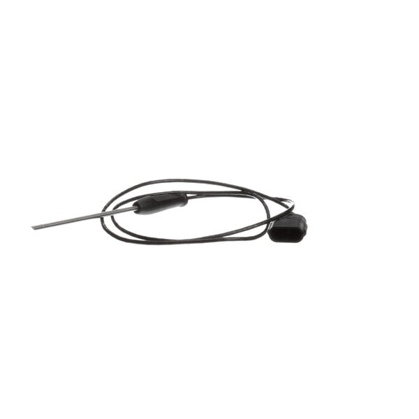 A black cable with a long tip on a white background.
