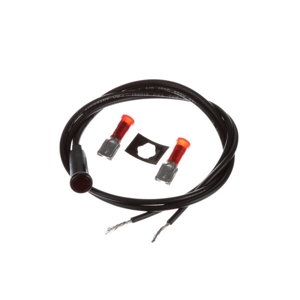 A black cable with a red wire and a red indicator light.