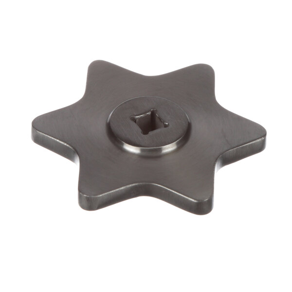 A metal star wheel with a square hole in the center.