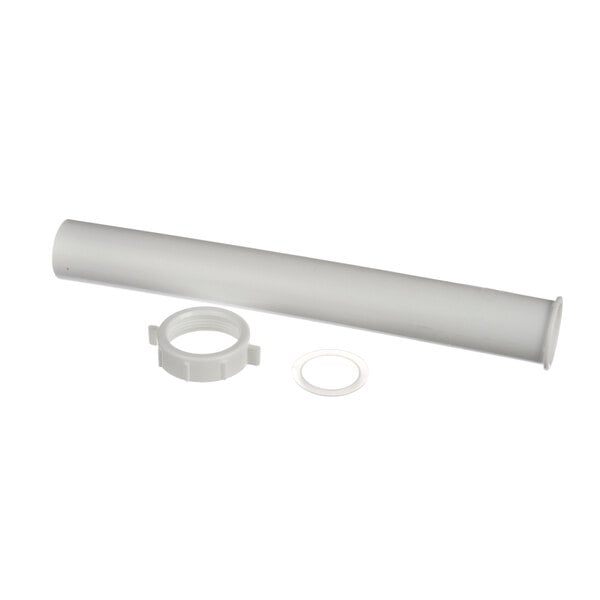 A white plastic tube with a white plastic ring and nut.