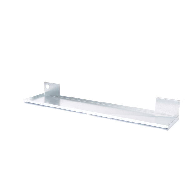 A white rectangular Master-Bilt drain pan with a metal shelf on it.