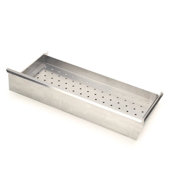 A stainless steel metal drawer tray with holes.