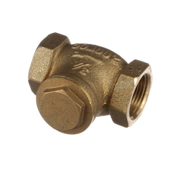 A close-up of a gold metal Cleveland brass swing check valve with a nut on the end.