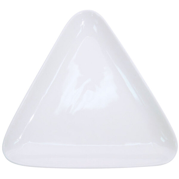 A close-up of a CAC white triangle shaped porcelain plate with a white rim.