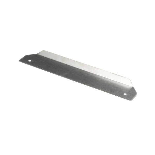 A stainless steel rectangular plate with a metal handle and two holes.