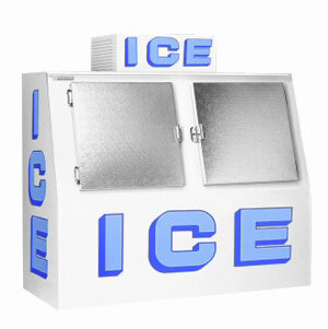 A white metal Polar Temp ice merchandiser with blue lettering.