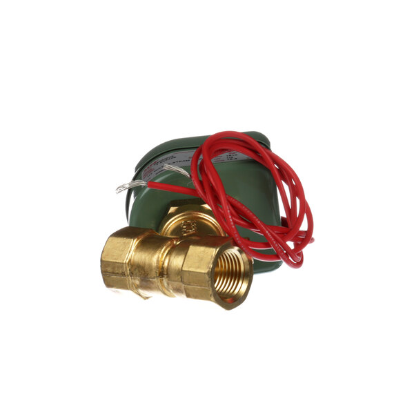 A green and gold pipe with a red cable connected to an Accutemp solenoid valve.
