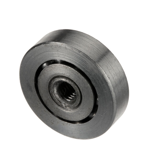 A close-up of a black metal Randell roller with a metal nut.