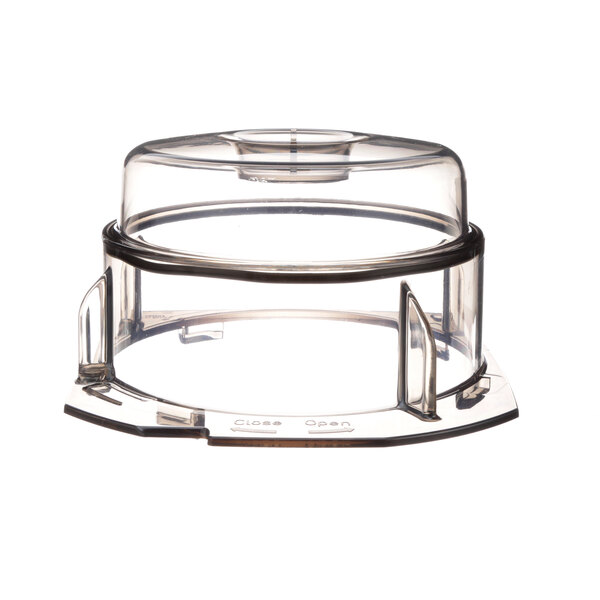 A clear plastic container with a black ring lid.