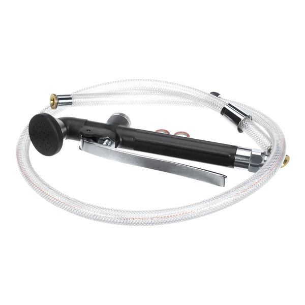 A black and silver hose with a black handle for a Convotherm combi oven.