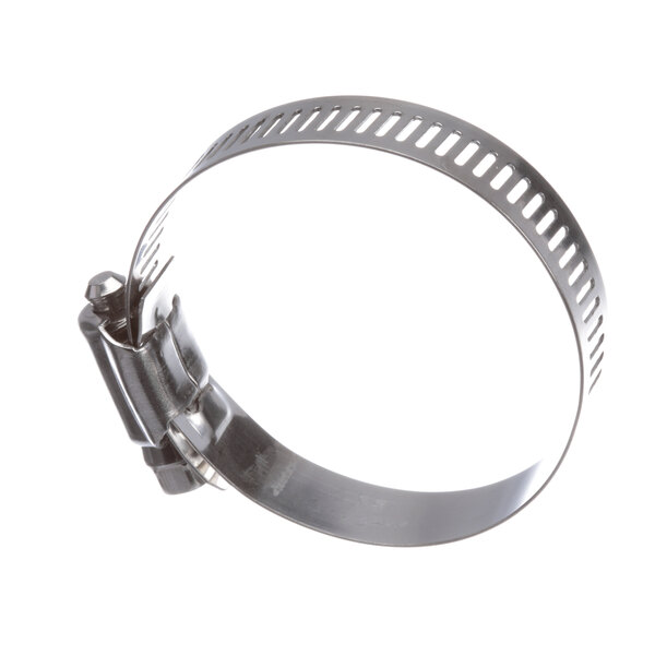 A Groen stainless steel hose clamp with a metal clip and holes.