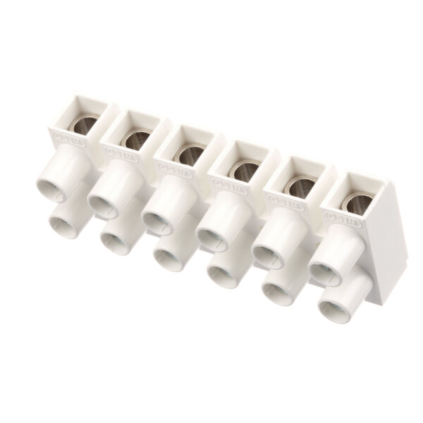 A white plastic terminal block connector with four holes.