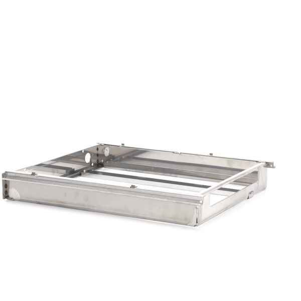 A metal box with a metal frame and a clear lid on a metal tray.