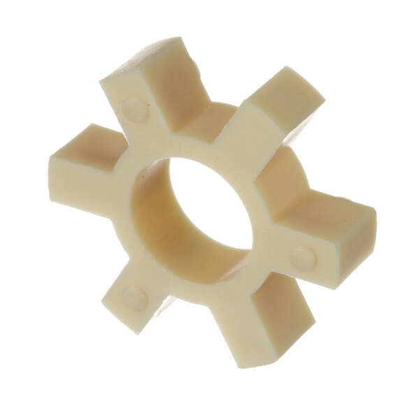 A white plastic Hobart gear wheel with holes.