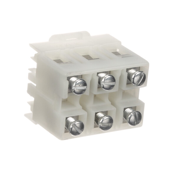 A white plastic Hobart terminal block with four silver metal screws.