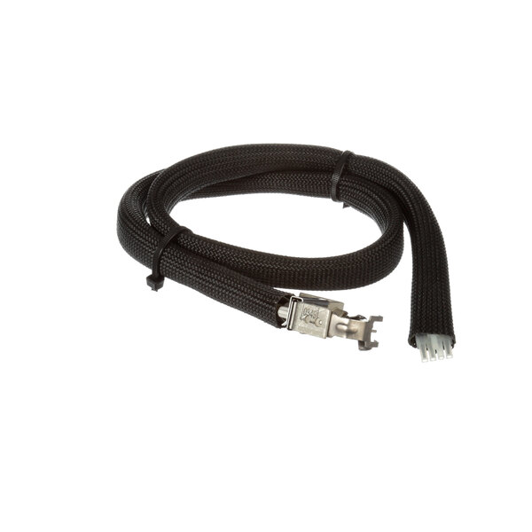 A black cable with a silver metal connector on the end.