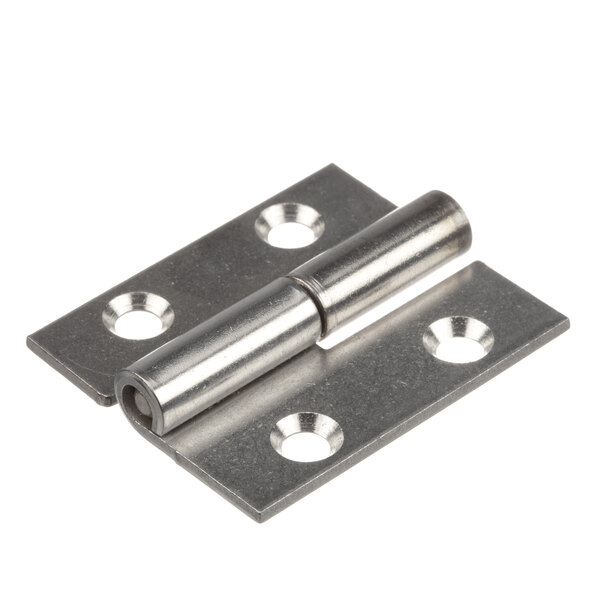 A stainless steel NU-VU hinge with two holes.