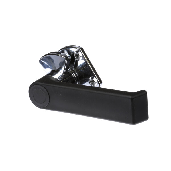 A black door latch with a chrome finish.