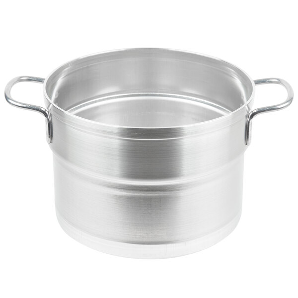 A silver aluminum Vollrath inset pot with two handles.