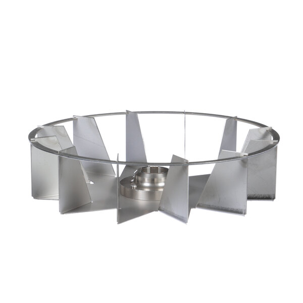A stainless steel circular fan blade with a metal base.