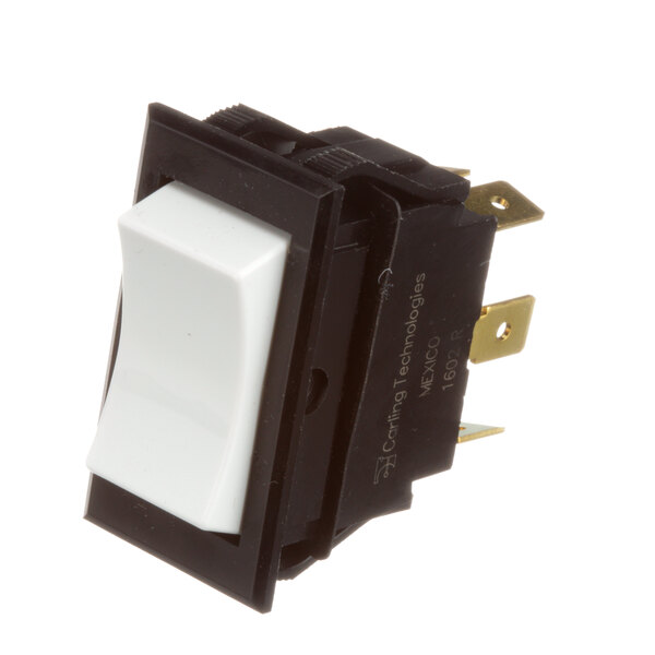 A close-up of a black and white Pitco rocker switch on a white background.