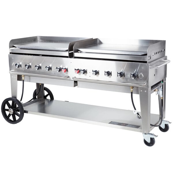 A Crown Verity stainless steel outdoor griddle with two burners.