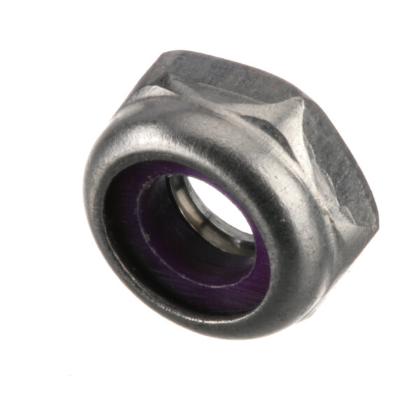 A close-up of a Jackson stainless steel nut with purple thread.