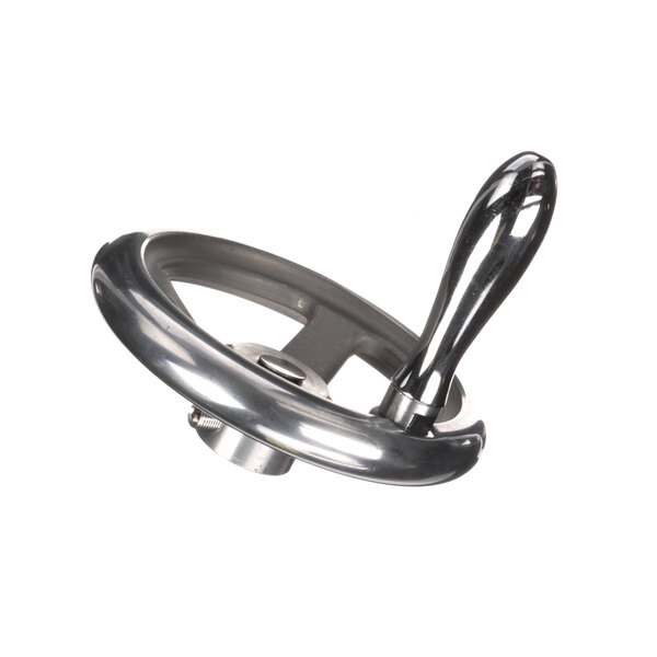A silver metal handwheel with a black handle.