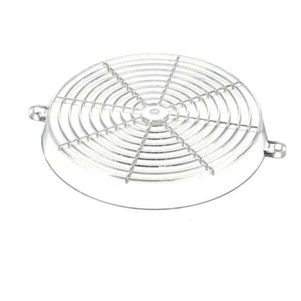 A white metal circular fan guard with holes.