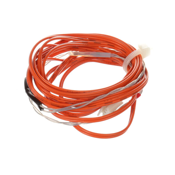 A close-up of a Hoshizaki thermistor cable with an orange cable and white background.