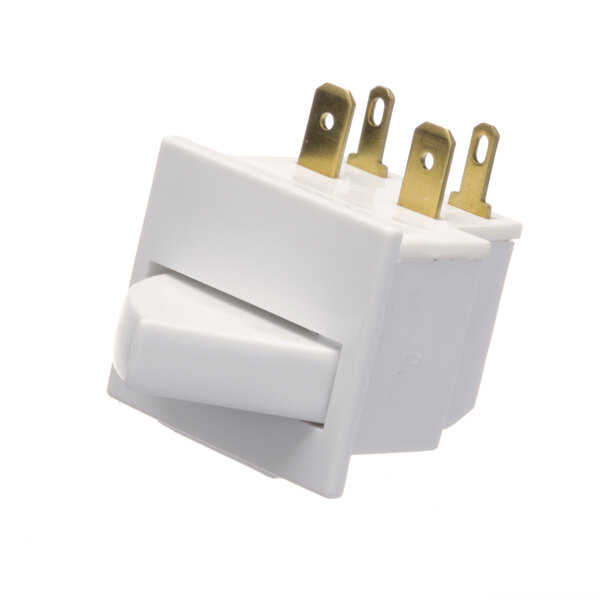 A white Delfield rocker switch with two gold metal pins.