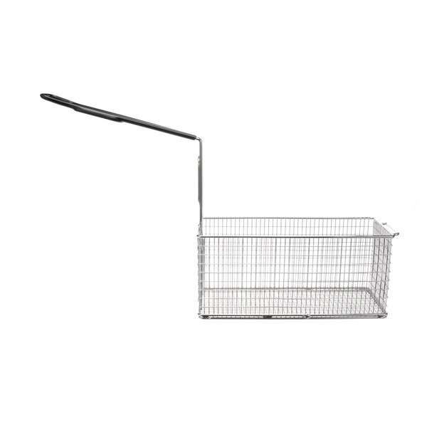 A stainless steel Henny Penny fryer basket with a black handle.