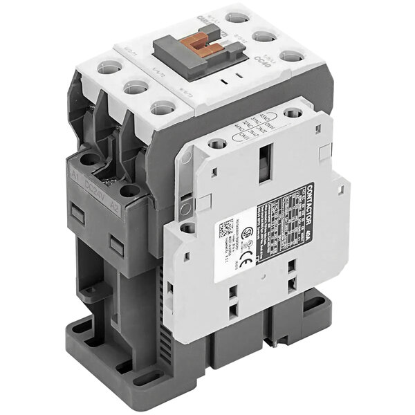 A close-up of a Blodgett contactor with grey and white components.