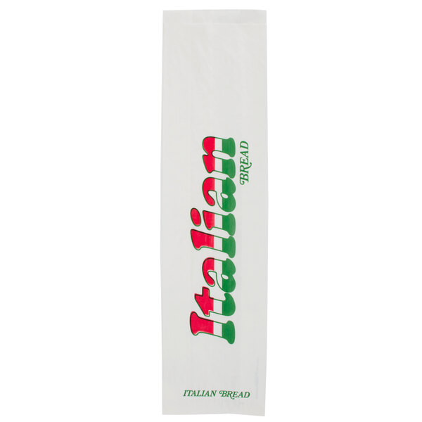 A white Bagcraft Packaging Italian bread bag with red and green text.