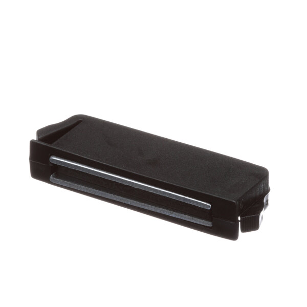 A black rectangular magnet with a silver metal clip.