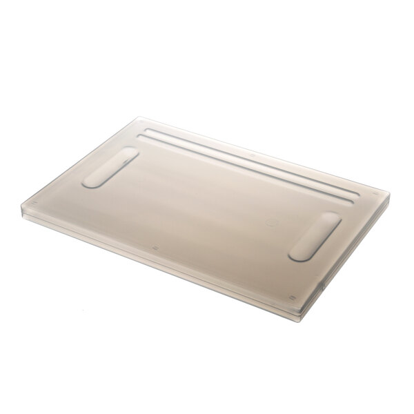 A clear plastic tray with handles on a counter.