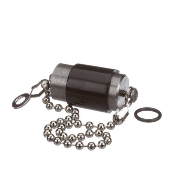 A black metal Winston Industries Inc. drain cap with a chain attached.