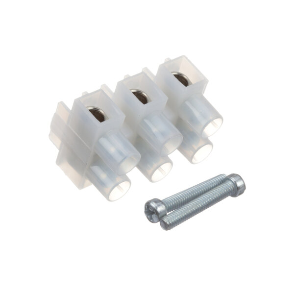 A group of Hatco white plastic connectors with screws.