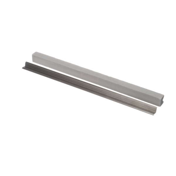 A stainless steel long metal bar with metal brackets at each end.