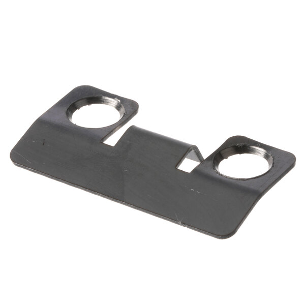 A black metal Bakers Pride strike plate with two holes.