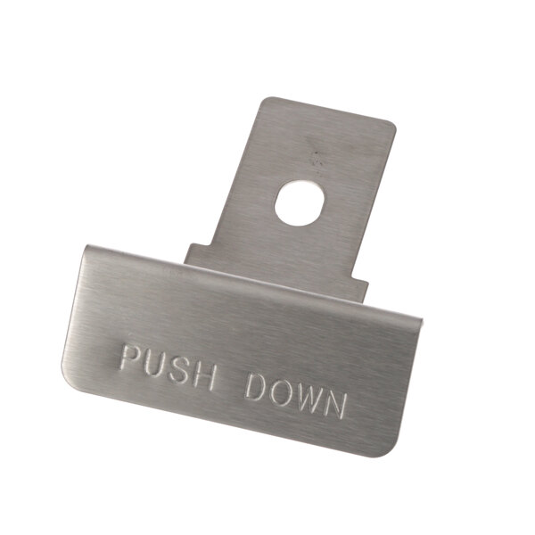 A close-up of a metal push-down handle with the words "push down" on a white background.