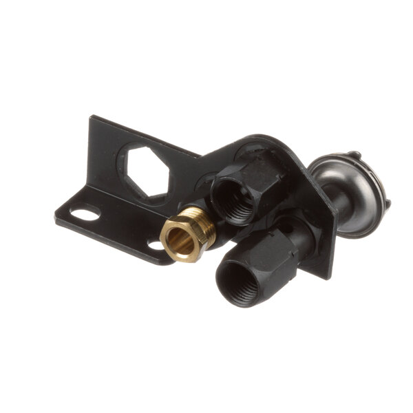 A black metal and plastic Garland US Range pilot burner valve with a brass screw and black and gold metal piece.