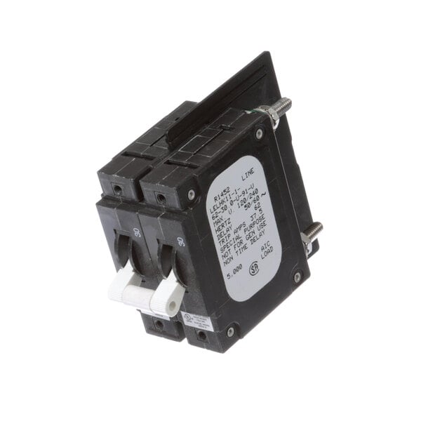 A black US Range circuit breaker with two switches.