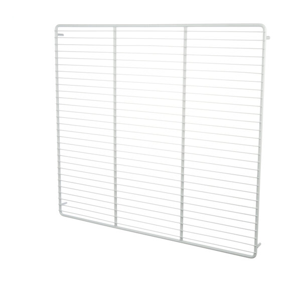 A white wire rack with metal bars.