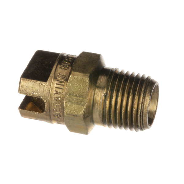 A close-up of a brass nozzle with a brass threaded fitting and nut.