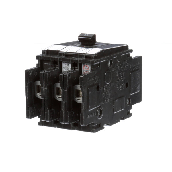 A close-up of a Randell 3 pole 45 amp circuit breaker with two black switches.
